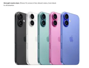 iPhone 16 Pro Max Titanium Blue model front and back view with triple-lens camera and edge-to-edge OLED display.
