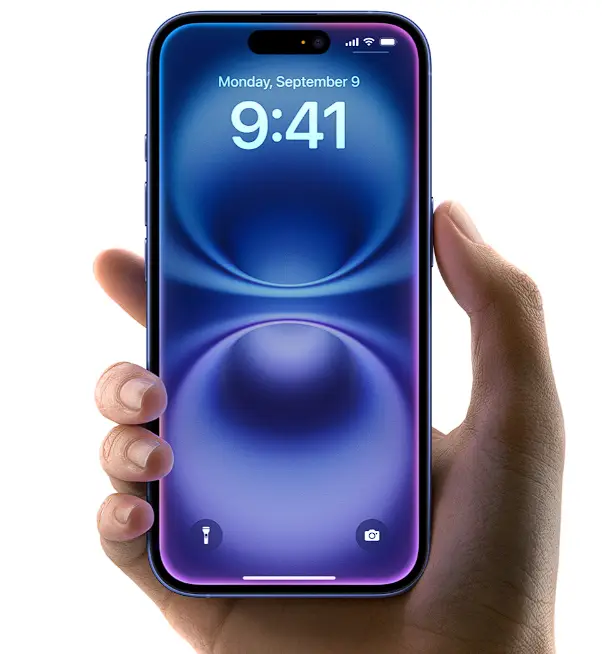 iPhone 16 Pro Max Titanium Blue model front and back view with triple-lens camera and edge-to-edge OLED display.